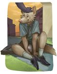  anthro blush bulge canine clothing footwear fur glitter_trap_boy hand_on_head legwear mail male mammal pink_nose shirt shoes shorts sitting smile socks solo t-shirt white_fur 