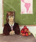  2010 anthro apple brown_hair chalkboard clothed clothing collaboration colored_pencil_(artwork) desk equine eyes_closed eyewear food freckles_(artist) front_view fruit fur glasses hair horse long_hair male mammal necktie noha sitting smile solo suit tan_fur teacher traditional_media_(artwork) 