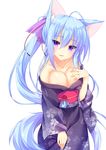 ahoge animal_ears areola_slip areolae bangs blue_hair blush bow breasts cleavage collarbone cowboy_shot eyebrows_visible_through_hair fang hair_bow hand_on_own_chest head_tilt highres hinamushi_(shokuyou) japanese_clothes large_breasts long_hair looking_at_viewer no_bra obi obiage obijime off_shoulder open_mouth original ponytail sash standing tail 