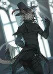 anthro assassin belt black_fur bulge butt cape clothed clothing coat dagger demon detailed_background equine feathers frusha fur grasht grey_fur grin hat holster horn looking_back male mammal mane melee_weapon nyxie orange_eyes scar sharp_teeth smile solo straps stripes teeth tight_clothing unicorn weapon window 