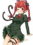  ;p animal_ears arm_support bangs bare_legs barefoot black_bow blunt_bangs blush bow bowtie braid breasts cat_ears cat_tail closed_mouth dress dress_lift eyebrows_visible_through_hair frilled_dress frills green_dress hair_bow highres kaenbyou_rin kyouran lifted_by_self long_hair long_sleeves looking_at_viewer medium_breasts multiple_tails nekomata one_eye_closed orange_eyes red_bow red_hair red_neckwear skindentation smile solo tail tareme thigh_strap tongue tongue_out touhou twin_braids two_tails 