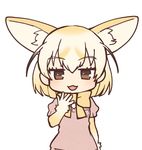  :3 animal_ears blonde_hair bow bowtie breast_pocket brown_eyes doremifa_rondo_(vocaloid) extra_ears eyebrows_visible_through_hair fennec_(kemono_friends) fox_ears kemono_friends looking_at_viewer official_art pink_sweater pocket short_hair short_sleeves simple_background solo sweater tama_(songe) white_background yellow_neckwear 