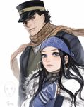  ainu ainu_clothes asirpa bandana black_hair blue_eyes cape checkered checkered_scarf child earrings facial_scar fur_cape gauntlets golden_kamuy hat highres hoop_earrings ichimatsu_(odoro_lol) jewelry long_hair military_hat nose_scar peaked_cap scar scar_on_cheek scarf shiraishi_yoshitake short_hair sugimoto_saichi yellow_eyes 