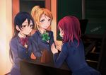  ayase_eli bangs blazer blonde_hair blue_eyes blue_hair bow bowtie frown green_neckwear hair_between_eyes highres instrument jacket long_hair long_sleeves love_live! love_live!_school_idol_project metronome multiple_girls music nishikino_maki otonokizaka_school_uniform piano playing_instrument playing_piano ponytail purple_eyes red_hair red_neckwear school_uniform scrunchie signature smile sonoda_umi striped striped_neckwear suito sweatdrop white_scrunchie yellow_eyes 