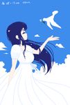  arm_behind_back bangs bird blue_sky borrowed_character closed_eyes cloud completion_time dated dove dress floating_hair flower from_side hand_up limited_palette long_dress long_hair original puffy_short_sleeves puffy_sleeves shake-o short_sleeves sky solo white_dress 