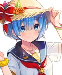  blue_eyes blue_hair blue_sailor_collar blush closed_mouth commentary english_commentary flower hair_between_eyes hair_ornament hairclip hand_on_headwear hands_up hat hat_flower hat_ribbon hitsukuya jewelry neckerchief necklace pin re:zero_kara_hajimeru_isekai_seikatsu red_neckwear red_ribbon rem_(re:zero) ribbon sailor_collar school_uniform serafuku shell shell_necklace shirt short_sleeves simple_background smile solo straw_hat white_background white_shirt x_hair_ornament 