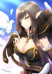  animal animal_on_hand bangs between_breasts bird bird_on_hand black_dress blue_sky breasts bridal_gauntlets brown_hair cleavage closed_mouth cloud commentary_request day dress eyebrows_visible_through_hair fate/grand_order fate_(series) feathers fingernails fur_trim head_tilt highres large_breasts long_hair looking_at_viewer nail_polish pink_nails pointy_ears semiramis_(fate) sky smile solo strapless strapless_dress taiki_ken very_long_hair white_feathers yellow_eyes 