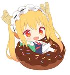  :d bangs blonde_hair blue_dress blush brown_footwear chibi commentary doughnut dragon_horns dress elbow_gloves english_commentary eyebrows_visible_through_hair food gloves hairband hitsukuya horns in_food kobayashi-san_chi_no_maidragon looking_at_viewer maid maid_headdress necktie open_mouth pantyhose puffy_short_sleeves puffy_sleeves red_eyes red_neckwear round_teeth shoes short_sleeves simple_background sitting slit_pupils smile solo teeth tooru_(maidragon) twintails white_background white_gloves white_legwear wing_collar 