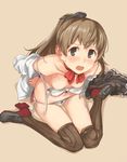  arms_behind_back bangs bare_shoulders bdsm blush bondage boots bound bound_wrists bow bowtie bra bra_pull breasts brown_eyes brown_legwear embarrassed green_eyes high_heel_boots high_heels kantai_collection kumano_(kantai_collection) long_hair looking_at_viewer looking_up makio_(makiomeigenbot) navel nipples off_shoulder open_mouth panties pink_background ponytail red_neckwear ribbed_legwear round_teeth shirt simple_background sitting small_breasts solo sweatdrop teeth thighhighs underwear undone_bra wariza white_bra white_panties white_shirt 