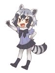  :d animal_ears arm_up black_footwear black_gloves black_hair black_neckwear black_skirt bow bowtie brown_eyes common_raccoon_(kemono_friends) doremifa_rondo_(vocaloid) extra_ears eyebrows_visible_through_hair fang full_body fur_collar gloves grey_hair hand_on_hip kemono_friends looking_at_viewer miniskirt multicolored_hair official_art open_mouth pantyhose pleated_skirt raccoon_ears raccoon_tail short_hair short_sleeves simple_background skirt smile solo tail tama_(songe) white_background 