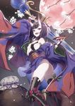  :d absurdres alcohol arm_up ass bob_cut breasts cherry_blossoms cup fangs fate/grand_order fate_(series) full_moon gourd headpiece highres horns japanese_clothes kimono looking_at_viewer moon oni oni_horns open_clothes open_kimono open_mouth purple_eyes purple_hair purple_kimono red_moon revealing_clothes sakazuki sake short_eyebrows short_hair shuten_douji_(fate/grand_order) small_breasts smile solo supernew sword weapon 