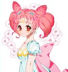  bangs bishoujo_senshi_sailor_moon bow chibi_usa crescent double_bun dress facial_mark flower forehead_mark from_side hair_ornament hairclip huge_bow looking_at_viewer nanette_(krowaze) parted_bangs pink_bow pink_hair puffy_short_sleeves puffy_sleeves red_eyes short_sleeves small_lady_serenity solo twintails upper_body white_dress 