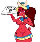 breasts brown_hair clothed clothing demon exposed_breasts female food grin hair hat holding_food holding_object honeyboyy horn humanoid navel not_furry oni partially_clothed pink_eyes pizza plump_labia pointed_tail ponytail portrait pussy raised_arm raised_shirt red_skin red_tail shorts_down simple_background smile solo standing thick_thighs three-quarter_portrait white_background wide_hips 