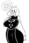  ! &lt;3 ? anthro big_breasts black_and_white black_eyes blush boss_monster breasts caprine clothed clothing dialogue dress english_text female goat honeyboyy horn mammal monochrome nipple_bulge portrait simple_background smile solo speech_bubble standing talking_to_viewer text three-quarter_portrait toriel undertale video_games white_background 