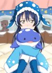  animal_costume animal_hat bangs blue_hair blush commentary_request costume eyebrows_visible_through_hair fur_trim hair_between_eyes hat leg_hug long_hair looking_at_viewer love_live! love_live!_school_idol_festival love_live!_school_idol_project object_hug sitting solo sonoda_umi sooki stuffed_animal stuffed_toy teddy_bear very_long_sleeves whale_shark yellow_eyes 