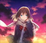  aqua_eyes bangs black_coat bow bowtie brown_hair cloud cloudy_sky coat hakusai_(tiahszld) hand_up lens_flare medium_hair original plaid plaid_scarf red_neckwear revision scarf school_uniform sky sleeves_past_wrists solo star_(sky) twilight upper_body 