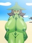  ambiguous_gender areola beach big_breasts breasts cacturne cactus covering deadpliss female flora flora_fauna green_body green_nipples hair hand_on_breast hat hi_res huge_breasts humanoid lactating mammal nintendo nipples nora nude plant pok&eacute;mon pok&eacute;mon_(species) pussy seaside smile solo thick_thighs video_games wide_hips 