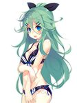  black_panties black_ribbon blue_eyes blue_ribbon blush breasts cleavage collar cowboy_shot green_hair groin hair_between_eyes hair_ornament hair_ribbon hairclip half_updo kantai_collection lace lace-trimmed_panties lingerie long_hair looking_at_viewer looking_to_the_side medium_breasts panties revision ribbon shiny shiny_skin shirokitsune simple_background solo underwear underwear_only white_background yamakaze_(kantai_collection) 
