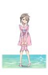  ange_(princess_principal) barefoot blue_eyes braid full_body grey_hair hands_on_own_knees highres leaning_forward looking_at_viewer looking_to_the_side makaria official_art pink_skirt princess_principal princess_principal_game_of_mission short_hair skirt smile solo standing transparent_background wading water 