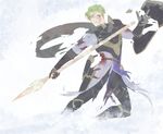  aran armor blood blood_on_face cape fire_emblem fire_emblem:_akatsuki_no_megami futon_(tyu2me2) gloves green_eyes green_hair hair_over_one_eye highres male_focus polearm shield simple_background solo spear teeth torn_clothes upper_body weapon white_background 