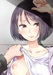  against_wall assisted_exposure blush breasts brown_eyes brown_hair collarbone lips looking_at_viewer medium_breasts nipples one_breast_out original out_of_frame pov pov_hands sakayama_shinta shirt shirt_lift short_hair white_shirt 
