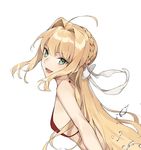  ahoge aiko_(kanl) alternate_breast_size bare_shoulders bikini blonde_hair braid fate/extra fate_(series) green_eyes hair_intakes hair_ribbon looking_at_viewer nero_claudius_(fate)_(all) nero_claudius_(swimsuit_caster)_(fate) open_mouth ribbon simple_background smile solo swimsuit white_background 