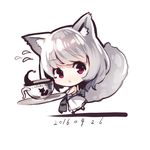  :&lt; animal_ears bangs bare_arms blush chibi coffee cup dated dress eyebrows_visible_through_hair flying_sweatdrops fox_ears fox_girl fox_tail holding holding_saucer long_hair looking_at_viewer nose_blush original parted_lips purple_eyes saucer silver_hair sleeveless sleeveless_dress tail teacup triangle_mouth white_background white_dress yuuji_(yukimimi) 