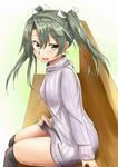  chan_(akuty_ikkot) green_eyes green_hair hair_ribbon highres kantai_collection lifted_by_self open_mouth ribbon solo sweater thighhighs thighs tsurime twintails white_ribbon zuikaku_(kantai_collection) 