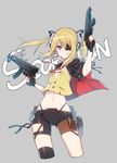  asymmetrical_legwear black_bra blonde_hair blue_eyes bra breasts character_name cleavage commentary_request dual_wielding eyepatch fingerless_gloves girls_frontline gloves gun highres holding holster shorts skorpion_vz._61 small_breasts submachine_gun supernew thighhighs tongue tongue_out twintails underwear vz.61_(girls_frontline) weapon 