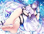  barefoot belt breasts commentary_request dress eyebrows_visible_through_hair feet gloves highres large_breasts legs long_hair looking_at_viewer nail_polish original otono_fei pov_feet purple_eyes purple_hair purple_nails soles solo toenail_polish toes white_dress white_gloves 