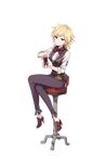  belt_pouch blonde_hair blue_eyes bow bowtie card chair crossed_legs dizzy_durand full_body high_heels highres looking_at_viewer maroon_neckwear official_art pants playing_card pouch princess_principal princess_principal_game_of_mission red_footwear short_hair shuffling smile solo swivel_chair transparent_background 