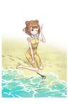  ;) barefoot beatrice_(princess_principal) brown_hair double_bun dripping footprints full_body hand_on_own_leg hand_up highres listening makaria ocean official_art one_eye_closed outdoors princess_principal princess_principal_game_of_mission sand seashell shell shirt short_hair shorts sitting smile solo tools transparent_background yellow_shirt yellow_shorts 