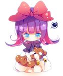  3: ana_(rznuscrf) bangs blue_eyes blush bow closed_mouth dress eyebrows_visible_through_hair feli_(puyopuyo) full_body hair_bow holding holding_stuffed_animal long_hair long_sleeves looking_at_viewer purple_bow purple_hair puyopuyo red_bow seiza sitting solo spoken_squiggle squiggle stuffed_animal stuffed_toy tears teddy_bear v-shaped_eyebrows white_background white_dress 