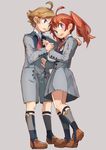  1girl ahoge brown_hair darling_in_the_franxx dress full_body geetgeet grey_background holding_hands long_hair miku_(darling_in_the_franxx) shorts simple_background sock_garters twintails uniform zorome_(darling_in_the_franxx) 