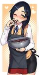  apron bangs bike_shorts black_apron black_hair black_legwear black_shorts blue_neckwear blue_ribbon blush bowl casual chocolate collared_shirt commentary cowboy_shot finger_licking finger_to_mouth food food_on_face hair_ornament hairclip heart holding holding_bowl kantai_collection kuroshio_(kantai_collection) licking long_sleeves looking_at_viewer mixing_bowl neck_ribbon one_eye_closed open_mouth orange_eyes parted_bangs ribbon shirt shorts solo sweater_vest taketora_suzume thick_eyebrows white_shirt 