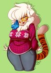  2015 anthro big_breasts braided_hair breasts buxbi buxbi_(character) clothed clothing feline fur hair long_hair looking_at_viewer mammal open_mouth signature simple_background standing thick_thighs tiger url voluptuous watermark white_hair wide_hips yellow_eyes 