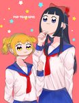  :3 blue_sailor_collar bow character_mask commentary_request hair_bow mask middle_finger multiple_girls pipimi poptepipic popuko sailor_collar school_uniform serafuku sidelocks two_side_up usameruti 