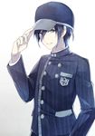  baseball_cap black_hair blue_eyes danganronpa hair_between_eyes hanbee_(higawari_k) hand_on_headwear hat male_focus new_danganronpa_v3 saihara_shuuichi school_uniform smile solo striped 