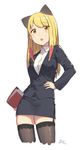  :o animal_ears artist_name black_legwear blonde_hair breasts brown_eyes business_suit cloba commentary_request cropped_legs dated eyebrows_visible_through_hair formal garter_straps hand_on_hip highres long_hair long_sleeves medium_breasts miniskirt office_lady open_mouth original pencil_skirt sidelocks signature simple_background skindentation skirt skirt_suit solo suit thighhighs white_background zettai_ryouiki 