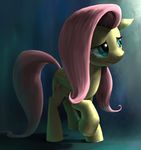  2014 cutie_mark equine eyelashes feathered_wings feathers female feral fluttershy_(mlp) friendship_is_magic frown full-length_portrait hair hi_res mammal murskme my_little_pony nervous nude pegasus pink_hair portrait shadow solo standing teal_background teal_eyes wings 