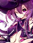  aisha_(elsword) closed_mouth elsword fingernails hat long_hair looking_at_viewer nail_polish no_nose one_eye_closed oz_sorcerer_(elsword) purple_eyes purple_hair purple_hat purple_nails runia_(runia0) signature simple_background smile solo upper_body white_background 