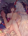  1girl bare_legs bare_shoulders blood breasts covered_nipples fingernails hair_ribbon hetero highres horns ibaraki_(onmyoji) implied_sex japanese_clothes long_hair medium_breasts missionary momiji_(onmyoji) onmyoji open_mouth ribbon scratches scratching sharp_fingernails smile white_hair wide_sleeves yorukun 