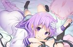  bed black_hair bomhat breasts d-pad d-pad_hair_ornament dress elbow_gloves female_pov fingerless_gloves gloves hair_ornament head_out_of_frame highres holding_hands interlocked_fingers long_hair looking_at_another looking_up lying multiple_girls nepgear neptune_(series) out_of_frame pillow pov purple_eyes purple_hair sailor_dress small_breasts smile socks striped striped_legwear uni_(choujigen_game_neptune) yuri 