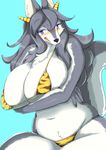  anthro big_breasts bikini black_nose blue_eyes blush breast_rest breasts canine clothed clothing crossed_arms female fur grey_fur grey_hair hair horn huge_breasts kemono long_hair looking_at_viewer mammal multicolored_fur navel portrait shirokoma sitting skimpy slightly_chubby solo swimsuit three-quarter_portrait two_tone_fur white_fur wolf 