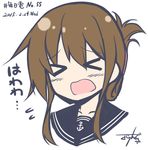  &gt;_&lt; anchor blue_sailor_collar brown_hair closed_eyes d: dated eyebrows_visible_through_hair facing_viewer gurande_(g-size) inazuma_(kantai_collection) kantai_collection open_mouth pale_color portrait sailor_collar signature simple_background solo upper_body white_background 