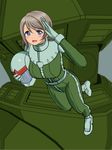  blue_eyes breasts company_connection crossover floating gelgoog grey_hair gundam highres issei_(sakito) large_breasts looking_at_viewer love_live! love_live!_sunshine!! mecha mobile_suit mobile_suit_gundam pilot_helmet pilot_suit salute solo watanabe_you zeon zero_gravity 
