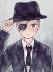  adjusting_clothes adjusting_hat artist_name black_hat black_jacket black_neckwear blush closed_mouth collared_shirt danganronpa eyepatch fedora fenori freckles grey_background hand_on_headwear hand_up hat jacket kuzuryuu_fuyuhiko long_sleeves looking_at_viewer male_focus necktie one_eye_covered open_clothes open_jacket rain serious shirt short_hair super_danganronpa_2 upper_body v-shaped_eyebrows very_short_hair water white_shirt wing_collar 