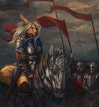  anthro armor blood canine clothed clothing ear_piercing equine female flag hair honovy horse jewelry mammal melee_weapon necklace outside piercing riding solo sword weapon wounded zilla_(disambiguation) 