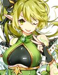  ;p anemos_(elsword) black_bow black_gloves bow earrings elsword fingerless_gloves gloves green_eyes green_hair hair_bow jewelry long_hair looking_at_viewer no_nose one_eye_closed pointy_ears ponytail rena_(elsword) runia_(runia0) simple_background solo tattoo tongue tongue_out upper_body v white_background 