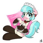  2016 blush bow_tie clothed clothing coco_pommel_(mlp) cute cyan_hair earth_pony equine eyebrows eyelashes female feral flower flower_in_hair friendship_is_magic full-length_portrait hair hairclip horse legwear looking_at_viewer maid_uniform makeup mammal mascara multicolored_hair my_little_pony panties plant pony portrait short_hair signature simple_background skirt solo stockings teal_eyes tears text two_tone_hair underwear uniform white_background yorozpony 